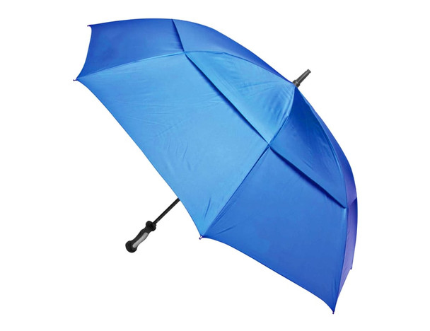 A blue auto golf umbrella with a black handle and a logo on the shaft, designed for leisure and outdoor use.