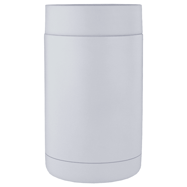 A drink bottle holder in white, designed to keep beverages cold, featuring a simple cylindrical shape and a logo.