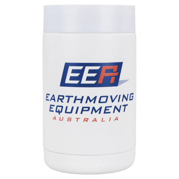 A drink holder in white, featuring a logo, designed to keep beverages cool.