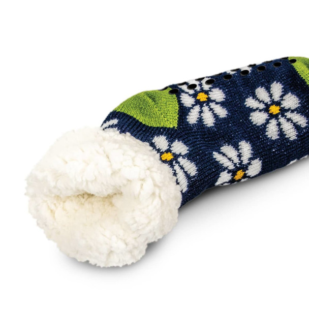 A pair of custom cozy socks featuring a navy floral design with white daisies and a fluffy white cuff.