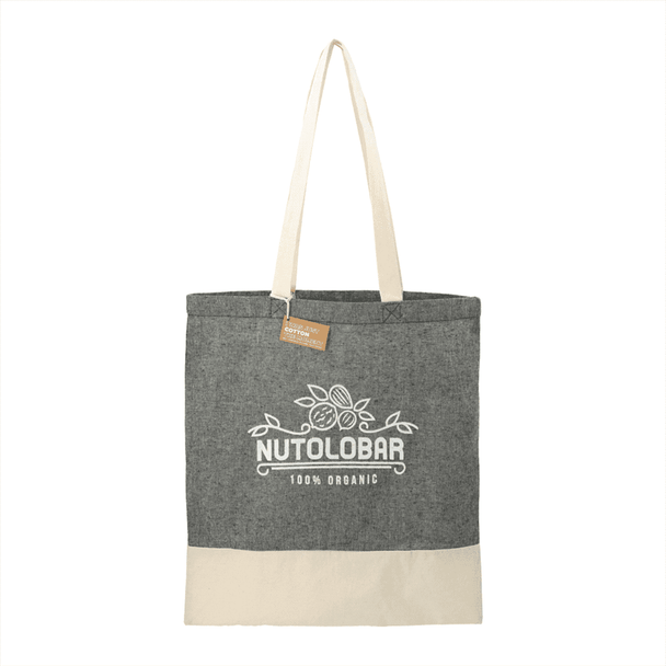 A grey and cream cotton twill tote bag featuring a logo and two sturdy handles.