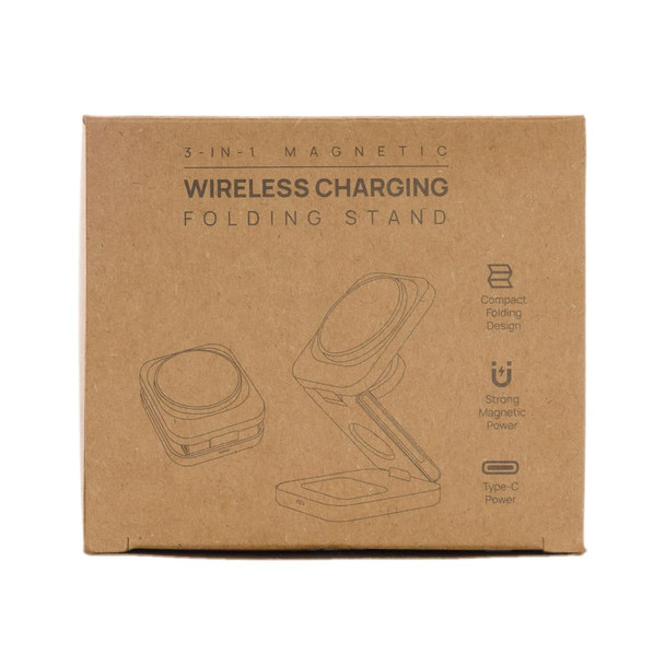 A compact brown box containing a 3-in-1 wireless charger with a folding stand design and magnetic features.