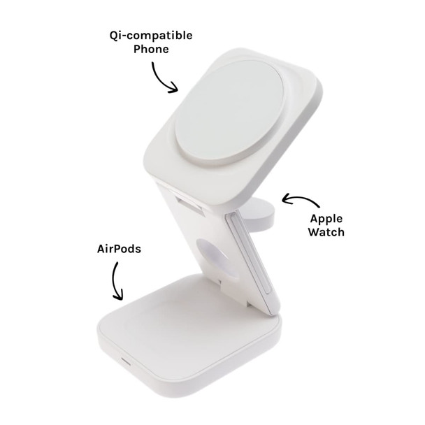 A compact white 3-in-1 wireless charger for a phone, Apple Watch, and AirPods, featuring a logo on the base.
