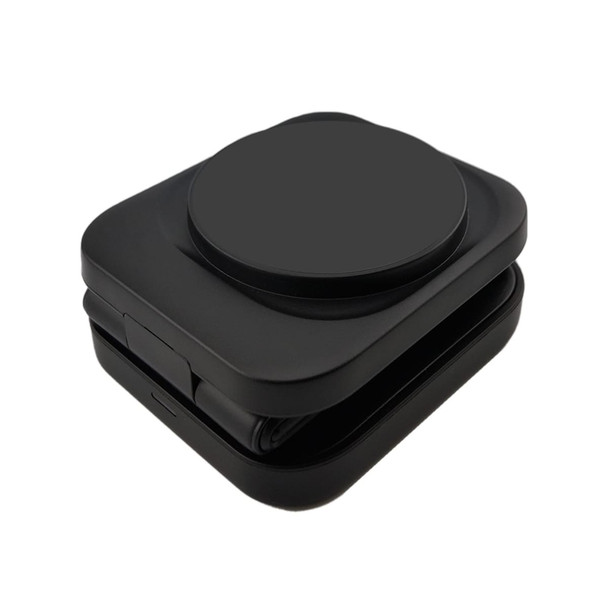 A black 3-in-1 wireless charger with a sleek, compact design, featuring a circular charging pad on top.