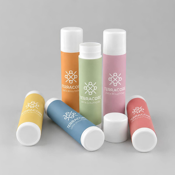 A collection of flavoured lip balms in pastel shades of pink, green, orange, yellow, and white, featuring a logo.