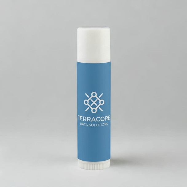 A cylindrical lip balm tube in light blue featuring a white cap and a logo.