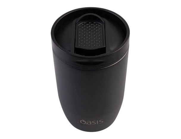 A drink bottle in matte black with an insulated design and a leakproof lid, featuring a logo.