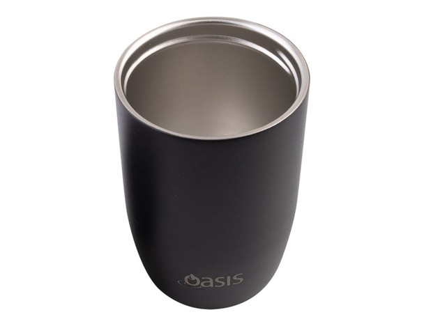 A drink bottle with a matte black exterior and a stainless steel interior, featuring a logo at the base.