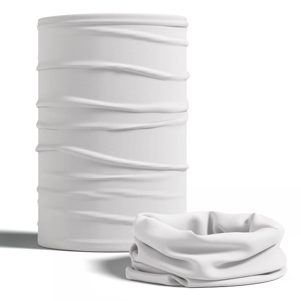 A white tubular bandana with a textured design, presented in a cylindrical shape and a folded format.