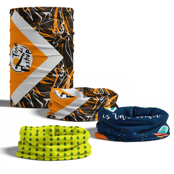 Tubular bandanas in various designs, featuring orange, black, yellow, and blue colours, with some having logos.