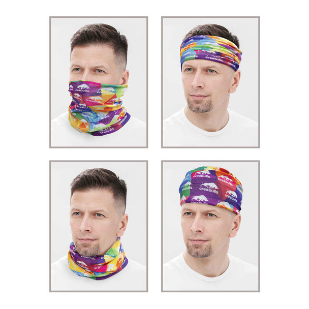 A collection of four images featuring a multi-functional headwear in vibrant colours and patterns, including purple, green, and orange.