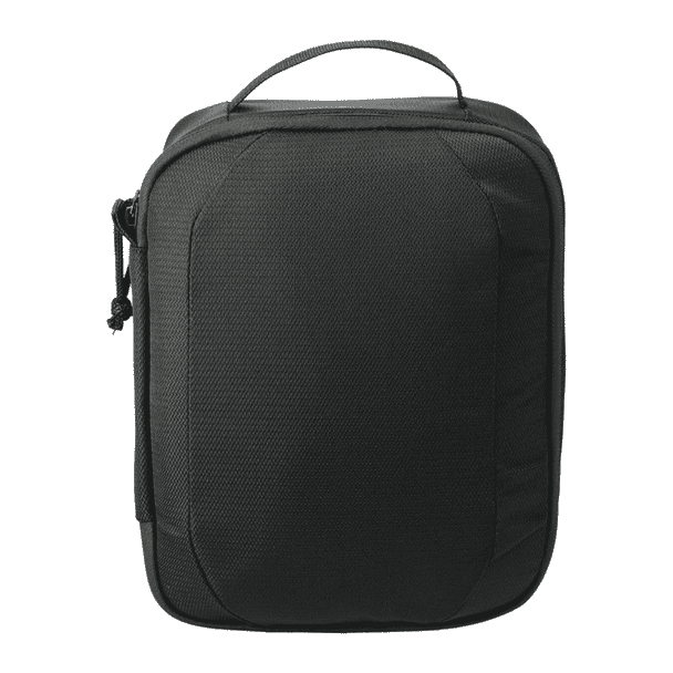 A black tech case with a handle, featuring a textured surface and a zip closure. It has a logo on the front.