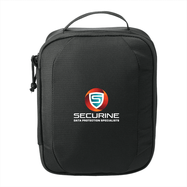 A black tech case featuring a zip closure and a top handle, with a logo on the front.
