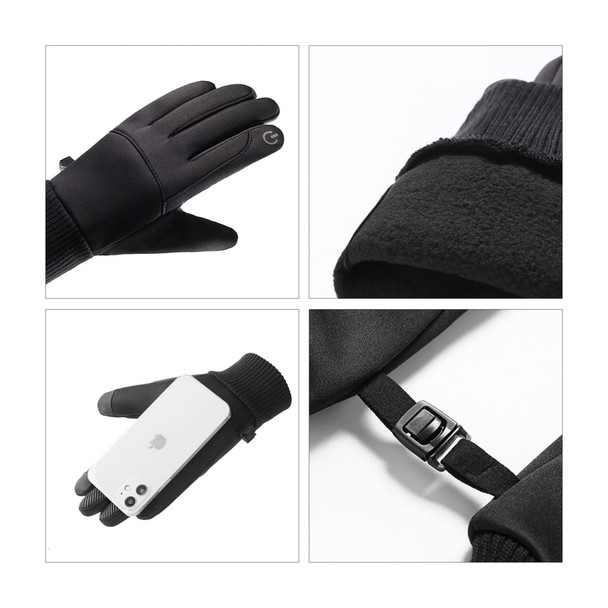 Black touchscreen winter gloves with a snug fit, showcasing a soft inner lining and a strap detail for adjustability.
