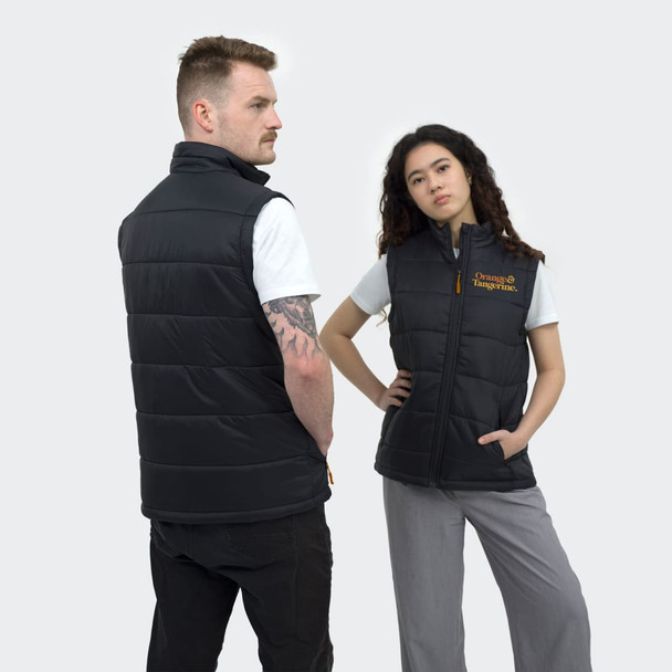 A black puffer vest is displayed on models, featuring a logo and a zippered front. The design is sleek and modern.