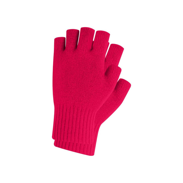 Bright pink fingerless gloves with a ribbed cuff and a woven label.