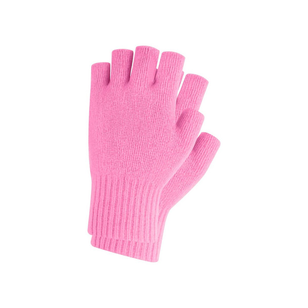 A pair of pink knitted fingerless gloves with a ribbed cuff and a woven label.