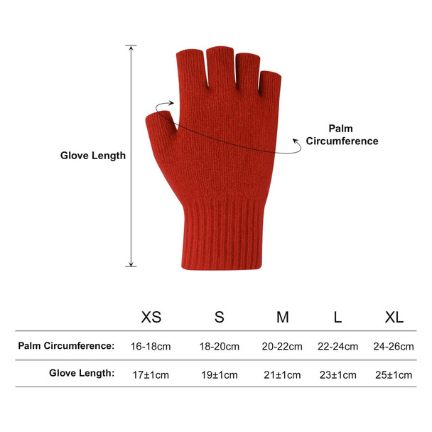 A pair of red knitted fingerless gloves with a woven label, featuring size and measurement details.