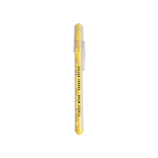 A yellow Puzzle Maze Pen with a transparent body and clip, featuring a logo on the barrel.