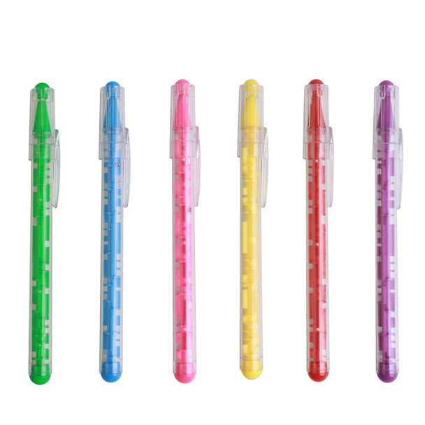 A collection of six Puzzle Maze Pens in green, blue, pink, yellow, red, and purple, each with a clear barrel and a logo.
