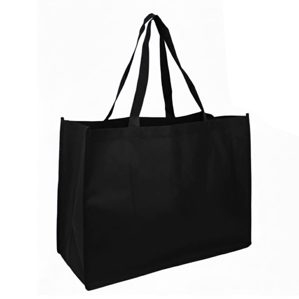 A black reusable grocery bag with two handles and a spacious interior. It features a logo on the side.