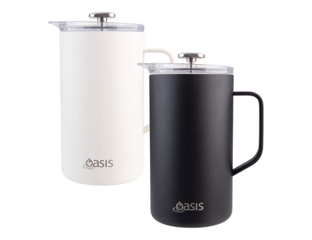Two insulated coffee presses, one in white and one in black, both featuring a handle and a lid, with a logo.