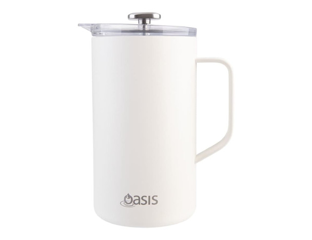 A drink bottle in a sleek white design with a clear lid and a stainless steel plunger. It features a logo on the front.