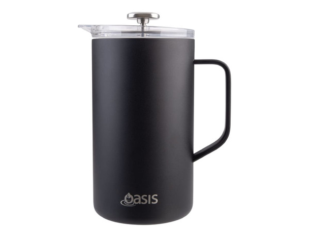 A drink bottle styled as a 1L insulated coffee press in matte black with a clear lid and a handle. It features a logo.