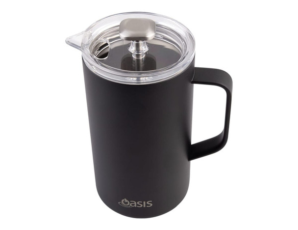 A drink bottle in matte black with a clear lid, featuring a handle and a logo.