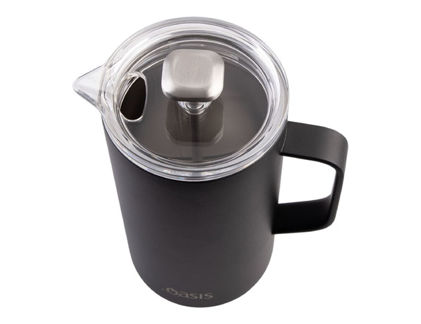 A drink bottle in matte black with a transparent lid and a stainless steel press mechanism. Features a handle and logo.