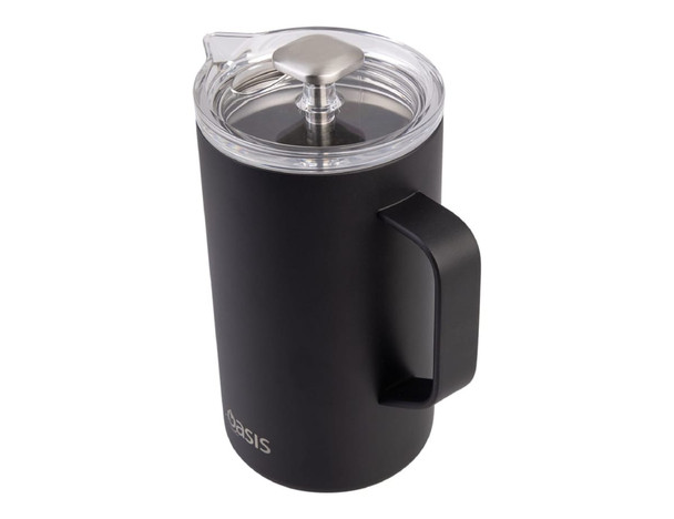 A drink bottle in matte black with a clear lid and metal plunger, featuring a handle and a logo.