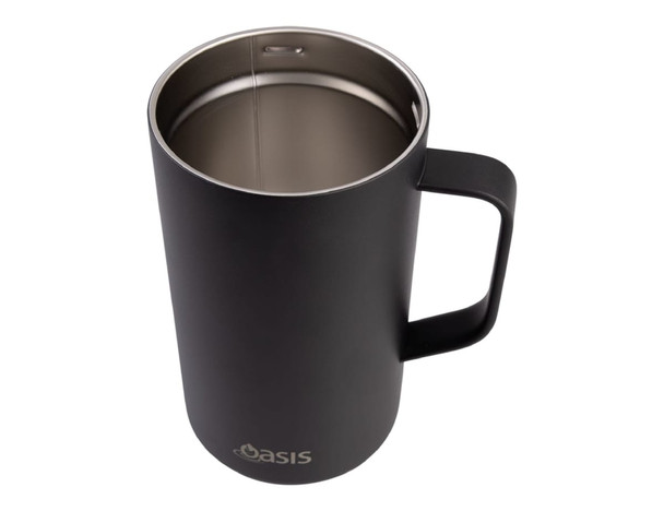 A drink bottle in matte black with a stainless steel interior and a sturdy handle, featuring a logo.