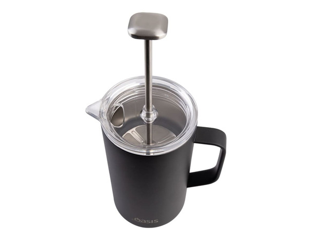 A coffee press featuring an insulated black body, clear lid, and stainless steel plunger. It has a handle and a logo.