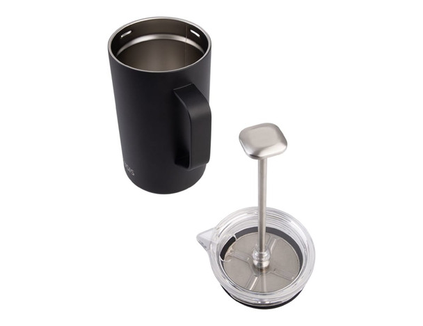 A black insulated coffee press with a stainless steel plunger and a clear lid. It has a sleek handle and branding.