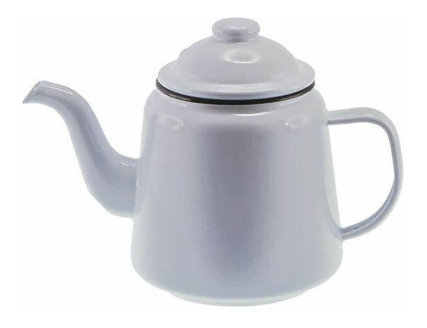 A light grey enamel teapot with a spout and a lid, featuring a handle and a logo.