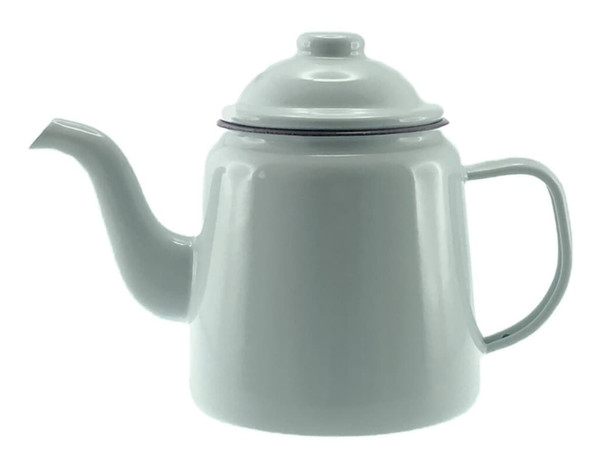A light grey enamel teapot with a lid and a curved spout, featuring a handle and a simple design.