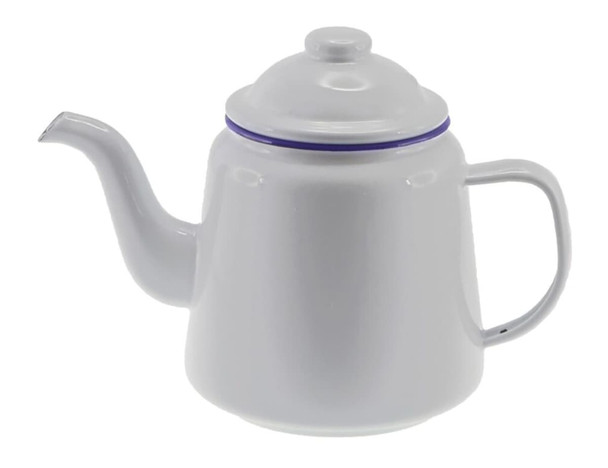 A white enamel teapot with a purple rim, featuring a spout and a lid. It has one handle and a smooth finish.