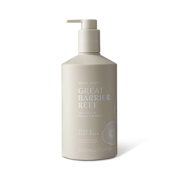 A hand and body wash in a beige pump bottle with a logo, featuring sea salt and pearl extract.