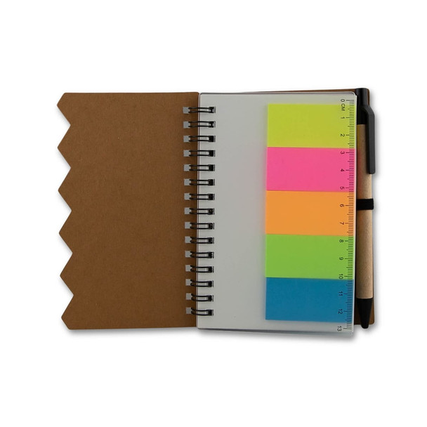 A brown notebook with spiral binding, featuring bright sticky note sections in neon pink, yellow, and green.