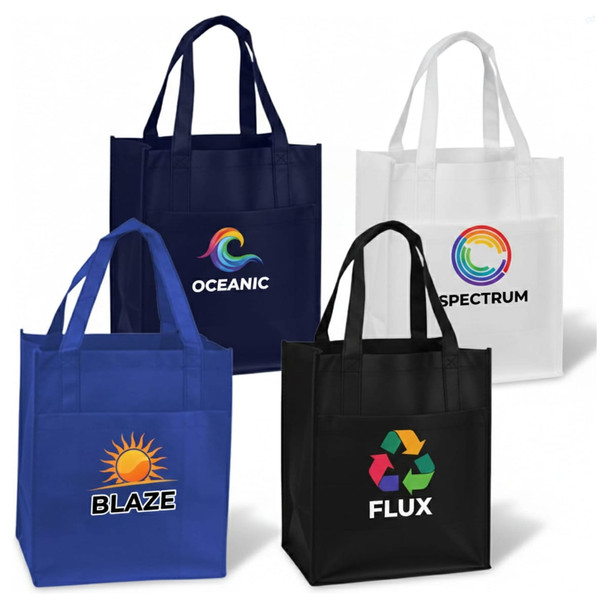 A collection of reusable shopping bags in blue, black, and white, featuring various logos and designs.