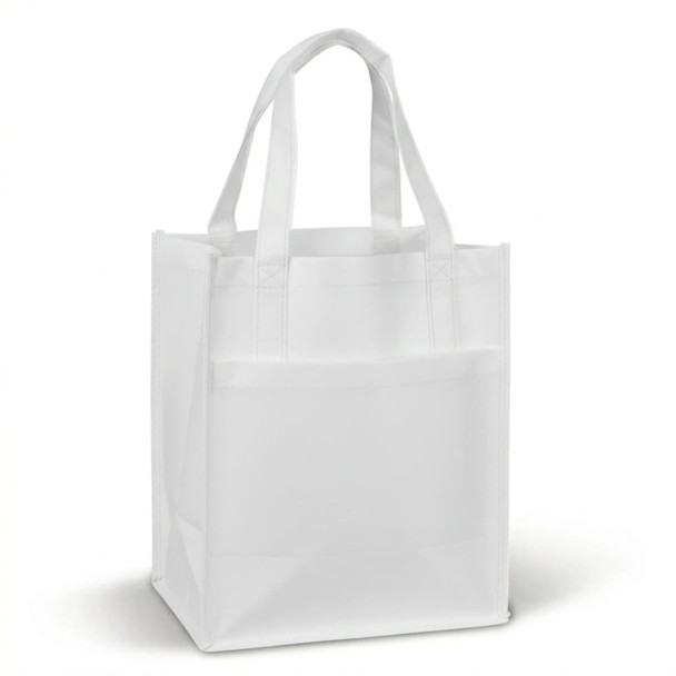 A white reusable shopping bag with two handles and a front pocket, featuring a simple design.