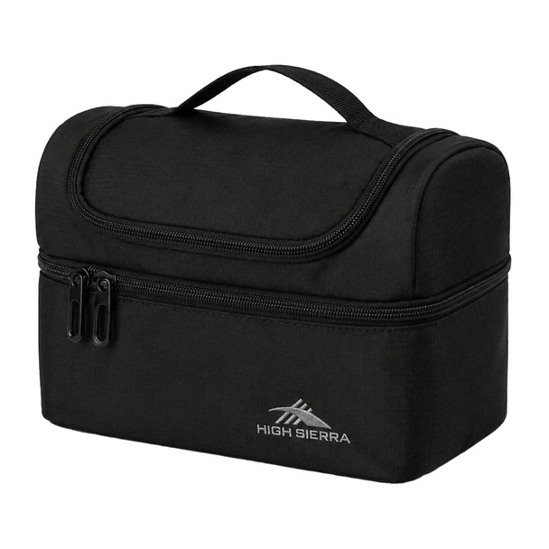 A black lunch bag with a zippered compartment and a carry handle, featuring a logo on the front.
