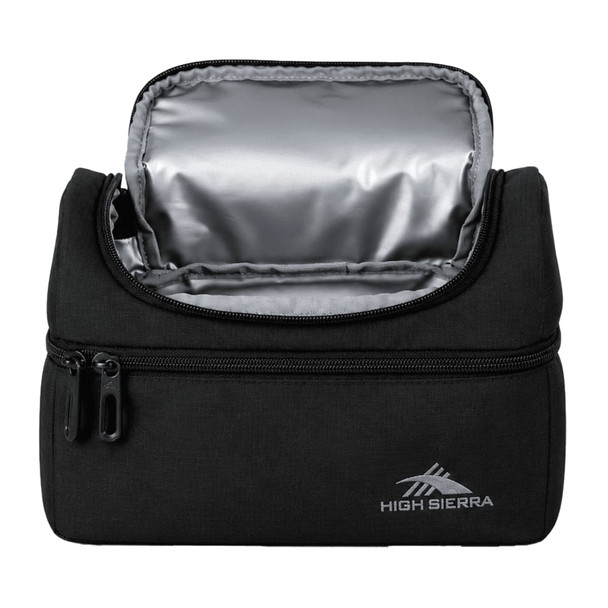A black lunch bag with a zippered closure, featuring a silver insulated interior and a small logo.