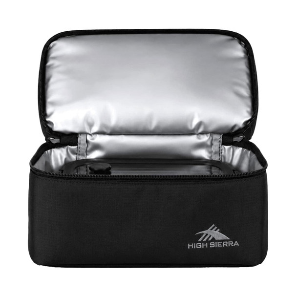 A black lunch bag with a silver insulated interior, featuring a logo on the front.