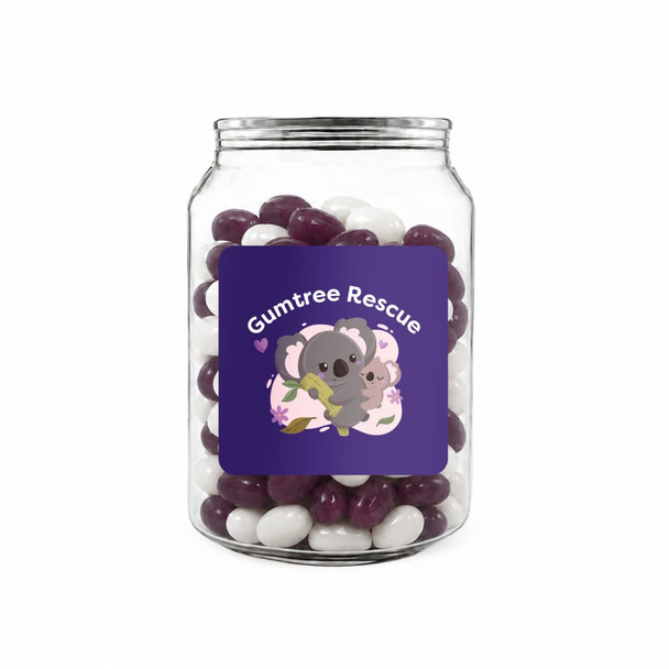 A clear jar filled with purple and white jelly beans, featuring a logo on the front.