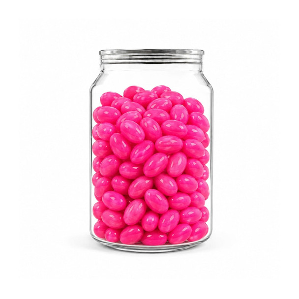 A clear jar filled with bright pink jelly beans, showcasing a vibrant and colourful assortment.