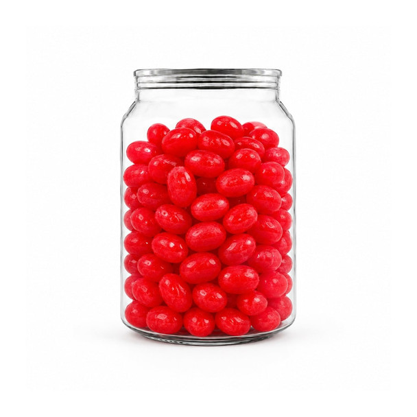A clear jar filled with vibrant red jelly beans, featuring a shiny surface and a sleek lid.