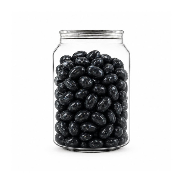 A clear jar filled with shiny black jelly beans. The jar has a metal lid and features a logo.