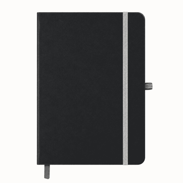A black A5 notebook with a grey elastic band and ribbon bookmark, featuring a subtle logo on the cover.