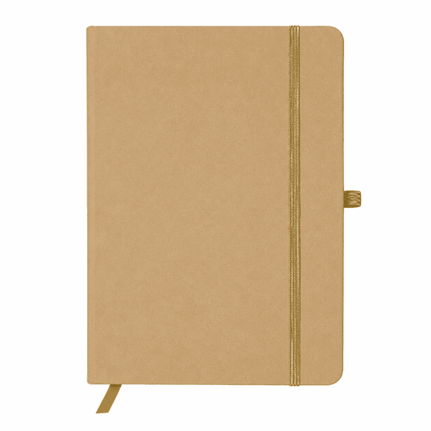 A cardboard-coloured A5 notebook featuring a textured cover, an elastic closure, and a bookmark ribbon.